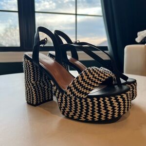 Deep Navy & Cream Woven Platform Slingback Heels